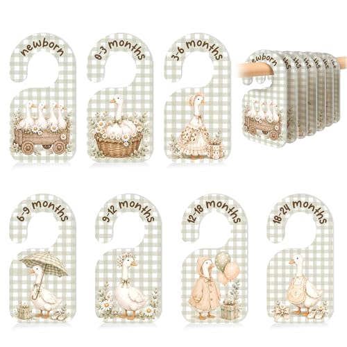 7 PCS Rustic Goose Closet Dividers, PVC Sage Green Checkered Nursery Wardrobe Separators with Double-Sided Size Labels for Newborn to 24 Months, Cottagecore Vintage Baby Room Decor