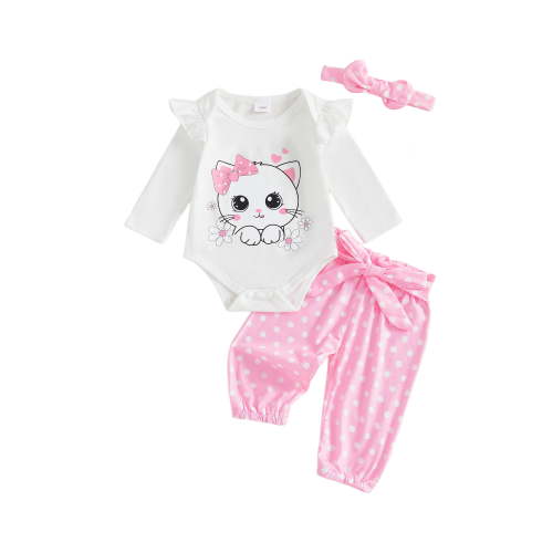 BemeyourBBs Baby Girls Fall Outfit Cat Print Romper and Belted Dot Pants Headband