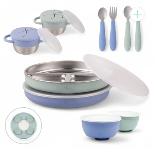 Stainless Steel Mealtime Bundle | Plates, Bowls, Snack Cups + Toddler Utensils | Suction Sleeves | Sage/MistyBlue