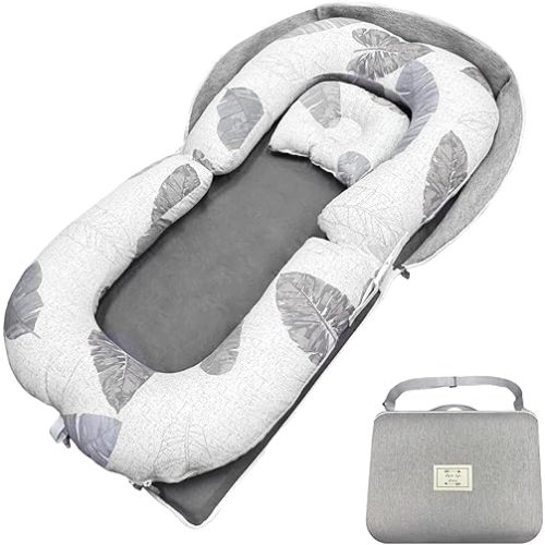 3-in-1 Baby Lounger Nests for Newborn, Foldable Infant Tummy Time Mat & Seated Support for 0-24M, Breathable Portable Baby Essentials Adjustable Soft Cotton Floor Seat for Home & Travel -Leaves