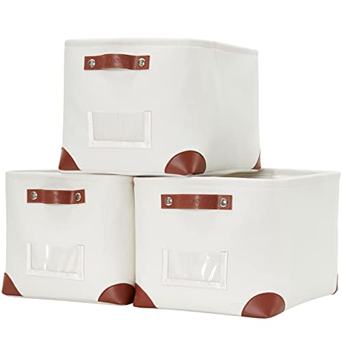 DECOMOMO White Storage Bins Fabric Storage Baskets for Shelves & Linen Closet Organization (Creamy White W/ Label holder, Large - 3 Pack)