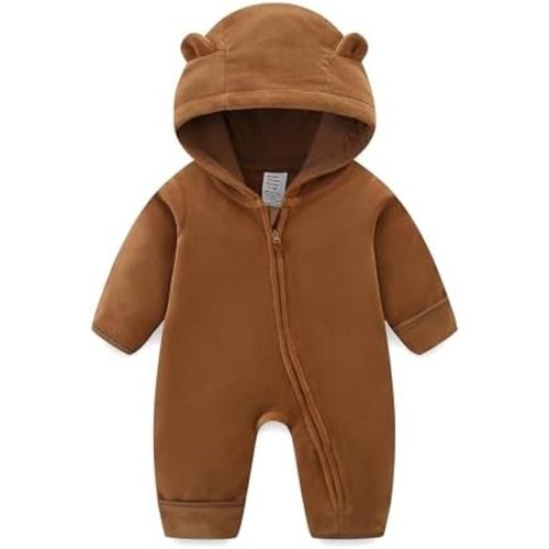 Newborn Baby Bear Onesie Winter Snowsuit With Fold-over Mittens & Footies Zip Up Baby Fleece Jumpsuit 0-18M