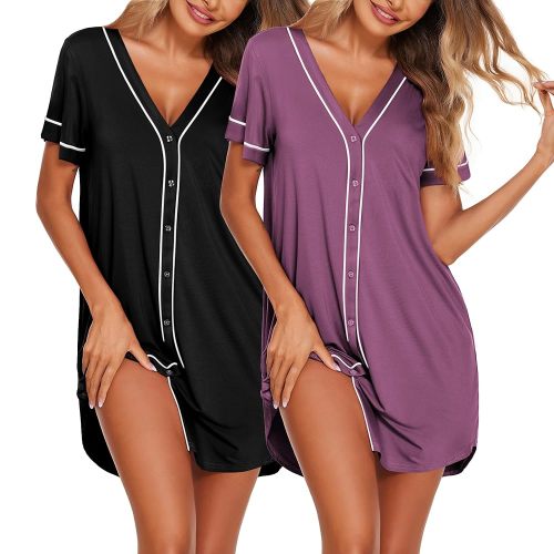Ekouaer Nightgowns for Women 2 Pack Button Down Sleep Shirts Short Sleeve Night Shirts V Neck Sleepwear Soft Pajama Dress
