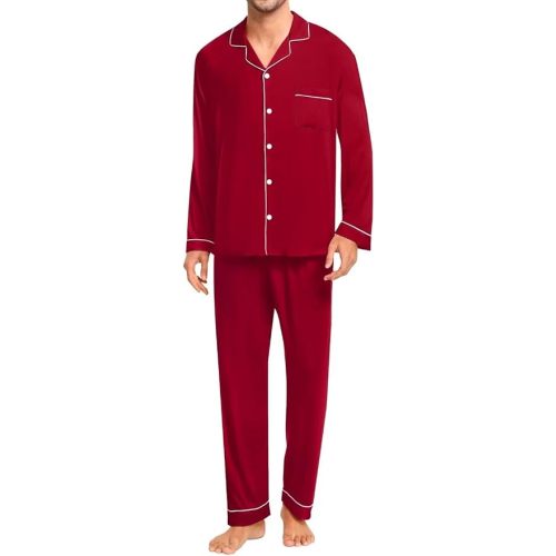 SWOMOG Men Pajamas Set Comfy Modal Pjs Button Down Sleepwear 2 Piece Long Sleeve Lounge Set Soft Nightwear with Pockets