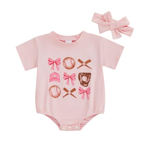 Baseball Baby Girl Outfit Baseball Bowknot Bubble Romper Short Sleeve T-Shirt Bodysuit with Headband Summer Clothes