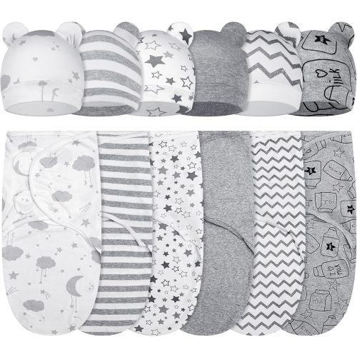 Ramede 6 Pack Baby Swaddle Blanket with Hats Sleep Swaddle for 0-3 Months Newborn Sacks Soft Cotton Wearable for Boy Girl
