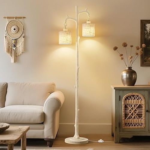 Floor Lamp for Living Room - 69" Rustic Farmhouse Tree Trunk Tall Lamp - Country Resin Vintage Reading Light with Linen Shade Standing Lamps for Bedroom Office Classroom Home Decor (Almond White)