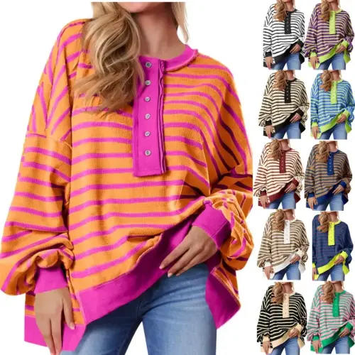 Imily Bela Womens Oversized Striped Sweatshirts Henley Shirt | Black Friday Sale TikTok Shop