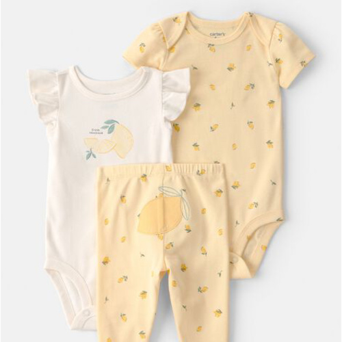 Baby Girl 3-Piece Lemon Bodysuits & Pant Set - Yellow/White | Carter's