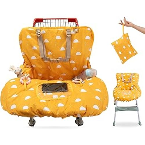 2-in-1 Baby Shopping Cart & High Chair Cover – Water-Resistant Padded Grocery Cart Seat Liner with Phone Pouch, Toy Loops & 360° Protection – Anti-Slip, Foldable, Travel Friendly Gender-Neutral Yellow