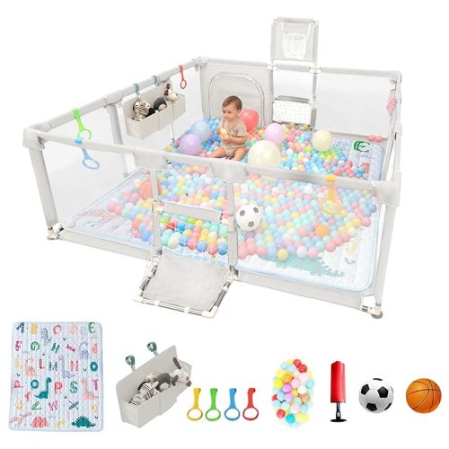 Playpen for Babies and Toddlers,73"x71"Baby Playpen with Mat Indoor＆Outdoor with Breathable Play Pen with Ocean Balls Hanging Pocket Basketball Hoop and Football Goal (Lighr Grey with Mat, 73"x71")