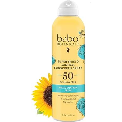 Babo Botanicals Super Shield Mineral Sunscreen Spray SPF 50 - Natural Zinc Oxide & Titanium Dioxide - Extra Sensitive Skin - Water Resistant - Vegan - Fragrance-Free - Air-Powered Spray - For all ages