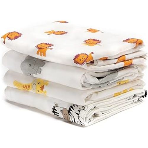 CuddleBug – Muslin Baby Swaddle Blankets for Boys and Girls 0 to 3 Months - Large 4 Feet x 4 Feet – Unisex Muslin Cotton Multifunctional Baby Blankets - 4 Pack (Safari Friends)
