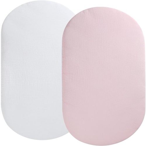 Muslin Bassinet Sheet Compatible with UPPAbaby Bassinet, 2 Pack Cotton Stylish Boho Fitted Bassinet Sheets Super Soft for Baby White & Pink