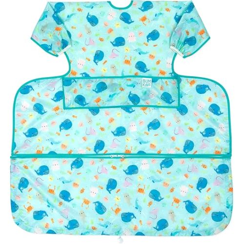 Bumkins Baby Bib and High Chair Cover Combination, for 6-24 Mos, Girl or Boy Toddler, Long Sleeved for Babies, Baby Led Weaning Essentuals for Eating, Feeding Babies, Mess Saving, Ocean Life Blue