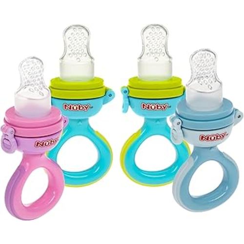 Nuby Baby’s First Food Dispenser with Hygienic Cover | Baby’s First Soft Foods and Teething | 2 Pack: Aqua & Blue or Pink & Aqua | Twist n' Feed | Promotes Self Feeding |10+ Months
