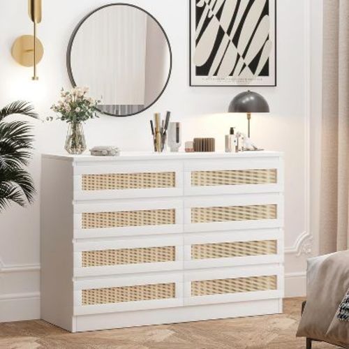 8-Drawer Rattan Double Dresser, Modern Wooden Storage Chest for Bedroom, Nursery, Closet, Living Room, and Entryway, White