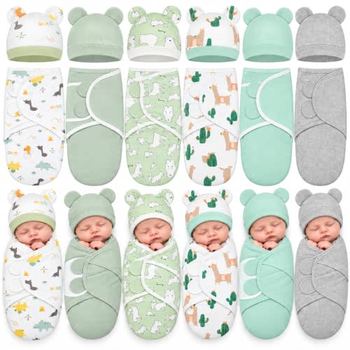 Ramede 6 Pack Baby Swaddle Blankets with Hats,Alpaca,Green | Soft Cotton Wrap for Newborn Boys 0-3 Months, Adjustable Breathable Sleep Sack Set, Skin-comfortable Receiving Blanket