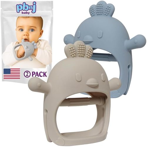 PBnJ Baby Teething Mittens for Babies 0-6 Months, 2 Pack Silicone Teething Mitten with 3 Textures & Crinkle Sound, BPA-Free Teether Glove for Teething Relief, Adjustable Baby Teething Toys 3-6 Months