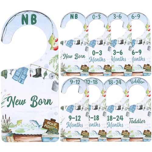 Fishing Baby Closet Dividers - Clothes Size Organizer 8PCS | Fishing Nursery Decor, Wooden Double-Sided Clothes Hanger Dividers, Newborn to Toddler, Clothing Storage, Baby Shower