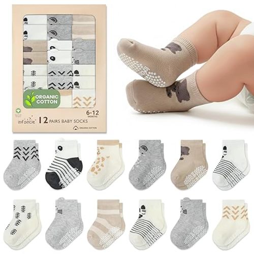 Organic Cotton GOTS Certified Newborn Socks 12 Pair - 6-12 Months – Soft and Comfortable Baby grip Socks, Premium Newborn Baby Socks, Gift for Little Boys