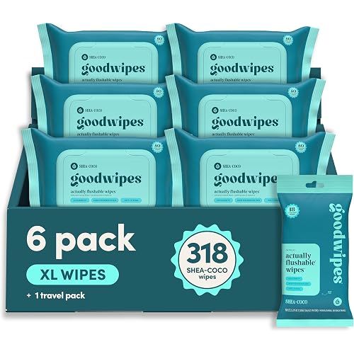 goodwipes Flushable Wipes for Adults - Shea-Coco Butt Wipes for Women & Men, Septic Safe, Toilet & Bathroom Essentials, Extra Large, 318 Count (6 Packs and 1 Travel Pack)