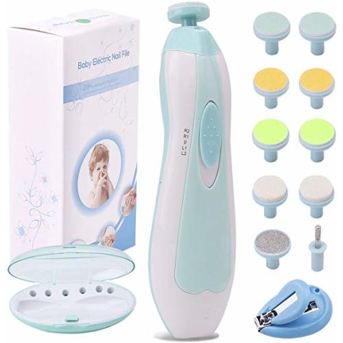 Baby Nail File Electric Nail Trimmer Manicure Set with Nail Clippers, Toes Fingernails Care Trim Polish Grooming Kit Safe for Infant Toddler Kids or Women, LED Light and 10 Grinding Heads (White/Teal)