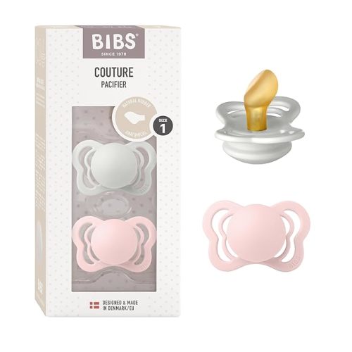 BIBS Couture Baby Pacifier 2-Pack | Made in Denmark | BPA Free Dummy Soother, Anatomical Nipple. Natural Rubber Latex, Size 1 (0-6 Months), Haze / Blossom