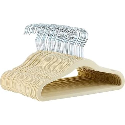 Amazon Basics Kids Space Saving Velvet Non-Slip Clothes Hangers with Shoulder Notches for Infant and Toddler, 11.6", Beige, 50-Pack