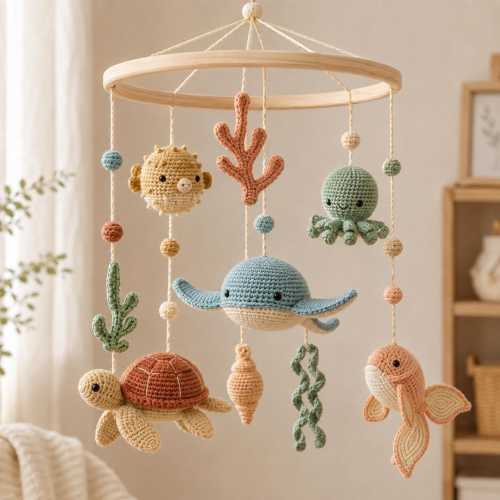 Ocean Baby Mobile, Handmade Crochet Sea Animals Nursery Decor, Whale Octopus Turtle Crib Mobile, Neutral Coastal Baby Shower Gift