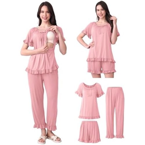 SUNNYBUY 3Pcs Ruffle Trim Postpartum Nursing Pajamas Set with Bowknot, Maternity Breastfeeding PJS Pregnancy Sleepwear
