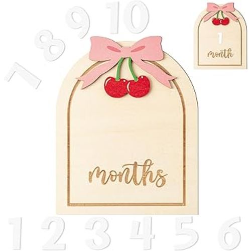 R HORSE Baby Monthly Milestone Cards, 3D Cherry Pink Bow Wooden Monthly Milestone Discs with Number Cards, Months Signs Announcement Newborn Photography Props Baby Shower Gifts for Boy Girl