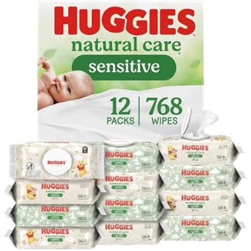 Huggies Natural Care Sensitive Baby Wipes, Unscented, Hypoallergenic, 99% Purified Water, 12 Flip-Top Packs (768 Wipes Total), Packaging May Vary