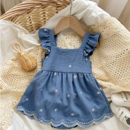 Babygirl Cute Vacation Blue Floral Pattern Cap Sleeve Romper