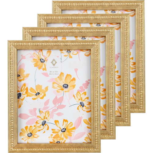 Concepts 8x10 Gold Picture Frames – Set of 4 Ornate Vintage Photo Frames with HD Glass, Wallhang/Tabletop Display