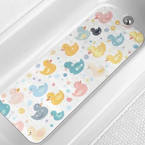 Bath Mat for Tub for Kids, Toddler Bathtub mat Non Slip, Colourful Cartoon Duck Kids Bath Mats for Bathroom Non Slip with Drain Holes and Suction Cups,Machine Washable (40 X 16 Inch)