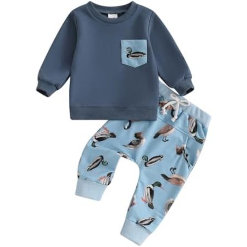 Kids Baby Boys Duck Hunter Clothes Mallard Duck Sweatshirt Pullover Solid Color Pant 2Pcs Toddler Hunting Baby Outfit