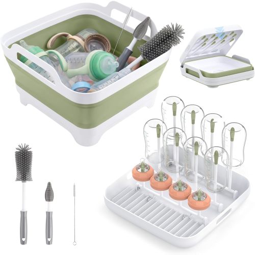 Collapsible Baby Bottle Wash Basin w/Drying Rack & Drain Plug, Green