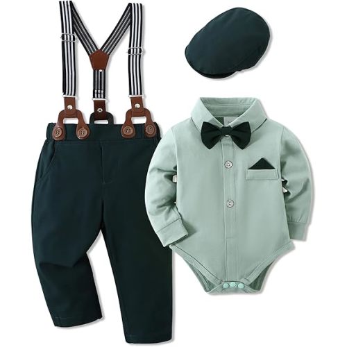 WESIDOM Baby Boy Clothes 0-18M Newborn Infant Gentleman Outfit, Shirt+Bowtie+Beret+Suspender Pant Baby boy Suit Clothing Set