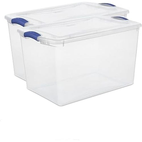 2-Pack 66 Quart Clear Plastic Storage Bins with Latching Lids, Blue Stackable Organizing Totes for Garage, Closet, and Home Organization