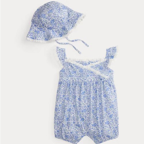 Floral Cotton Jersey Shortall & Hat Set