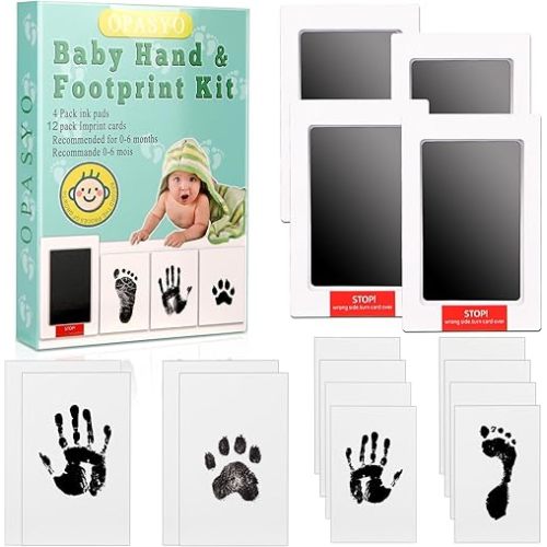OPASYO 4 Pack Baby Footprint Kit & Dog Paw Print Kit,Inkless Hand and Footprint Kit for Newborns, Pets,Safe Non-Toxic Clean-Touch Ink Pad,12 Keepsake Cards, Washable & Mess-Free (Ink Black)