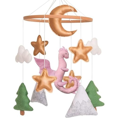 Dragon Baby Mobile, Forest Mobile for Crib, Pink Crib Mobile Girls, Nursery Mobile for Bassinet, Pack and Play, Moon, Pink Dragon, Cloud, Star, Mountain, Tree