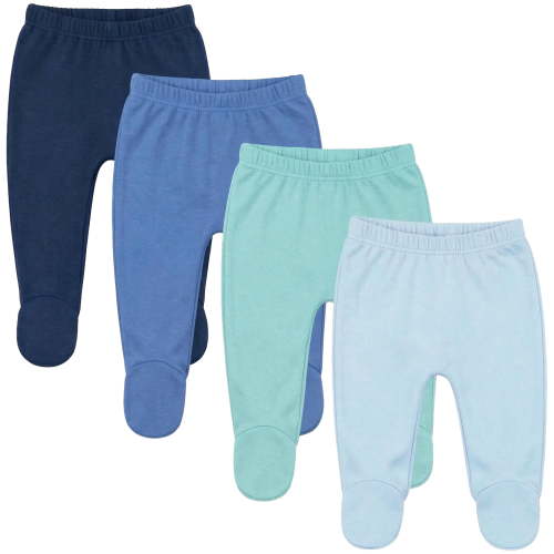 123 Bear Baby Soft Cotton Spandex Pants with Feet, Blue Variety 4-Pack, 0-3 Months