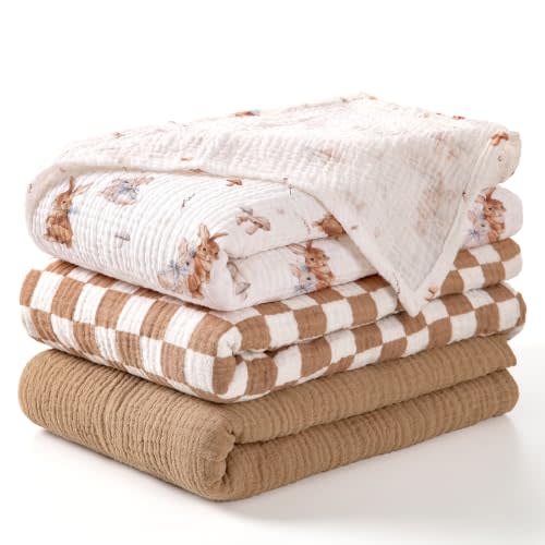 lulumoon Muslin Swaddle Blanket Baby: Cotton Receiving Wrap for Newborns | Soft Breathable Swaddling Blanket for Stroller & Nursery Crib - Baby Registry Gift 3Pack(Brown Bunny)