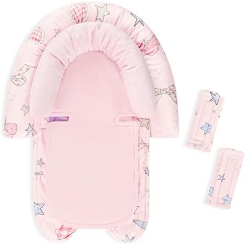 Baby Car Seat Head Support for Newborn, 2 in 1 Infant Car Seat Head Body Support with Strap Pads, Soft Stroller Cushion Pillow Insert for Girls, Fits for Stroller, Swing, Pink Stars