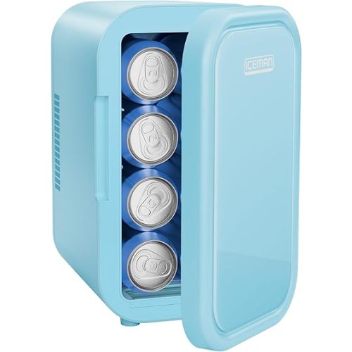Iceman Portable Mini Fridge – Fits 8 x 12 oz Cans, Cooler and Heater Mini Fridge for Bedroom, Car, Office, Dorm and Skincare, AC/DC Car Plug-Compatible - Blue