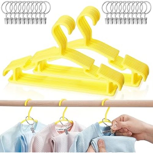 Baby Hangers with Metal Ring Clips, Children Plastic Hanger for Kids Pants Clothes Closet, 20 Pack, Yellow