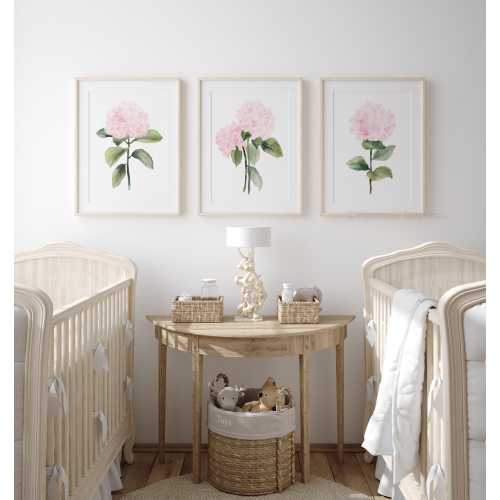 Light Pink Hydrangea Watercolor Prints – Set of 3 Soft Pink Floral Art, Minimalist Botanical Wall Decor for Nursery & Gift for Her