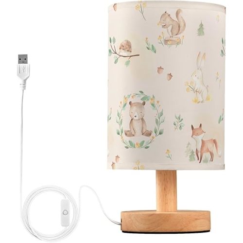 Bedside Table Lamp Woodland Animals Nightstand Lamp with Wood Forest Rabbit Deer Hedgehog Floral Desk Lamps for Bedroom Living Room Nursery Office Home Decor